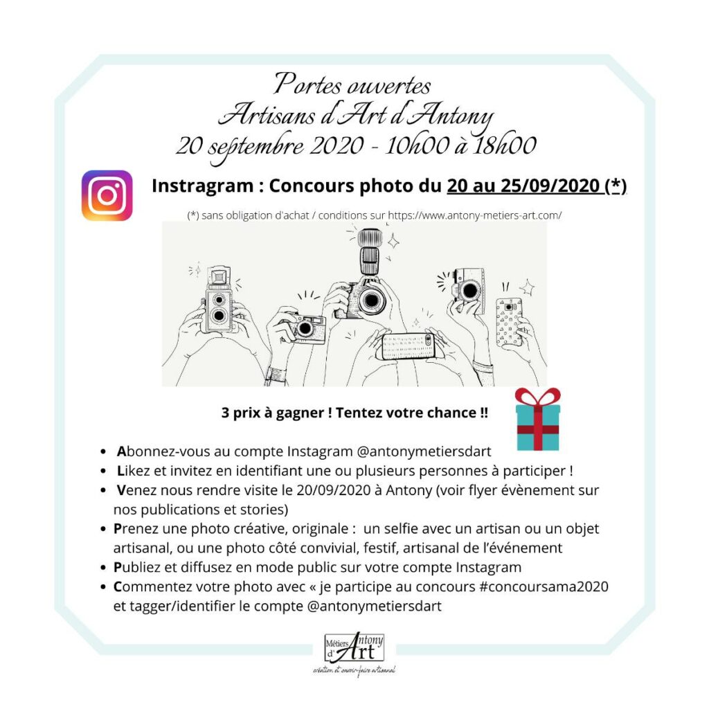 JPO 2020 : flyer réalisé par l'association Antony Métiers d'Art. Présentation du grand concours Instagram avec ses modalités de participation