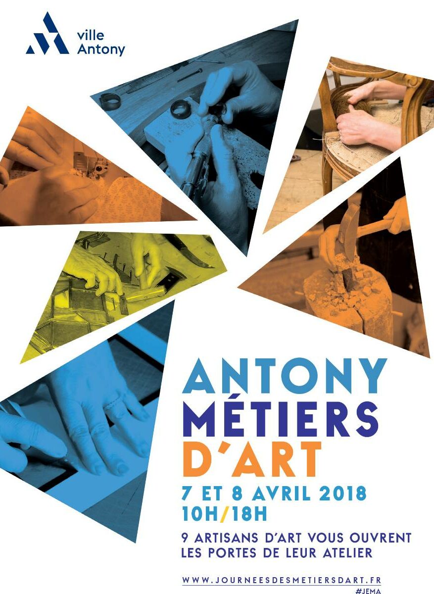 Affiche réalisée par la Ville d'Antony pour les JEMA 2018 avec 6 photos de mains d'artisans d'art au travail