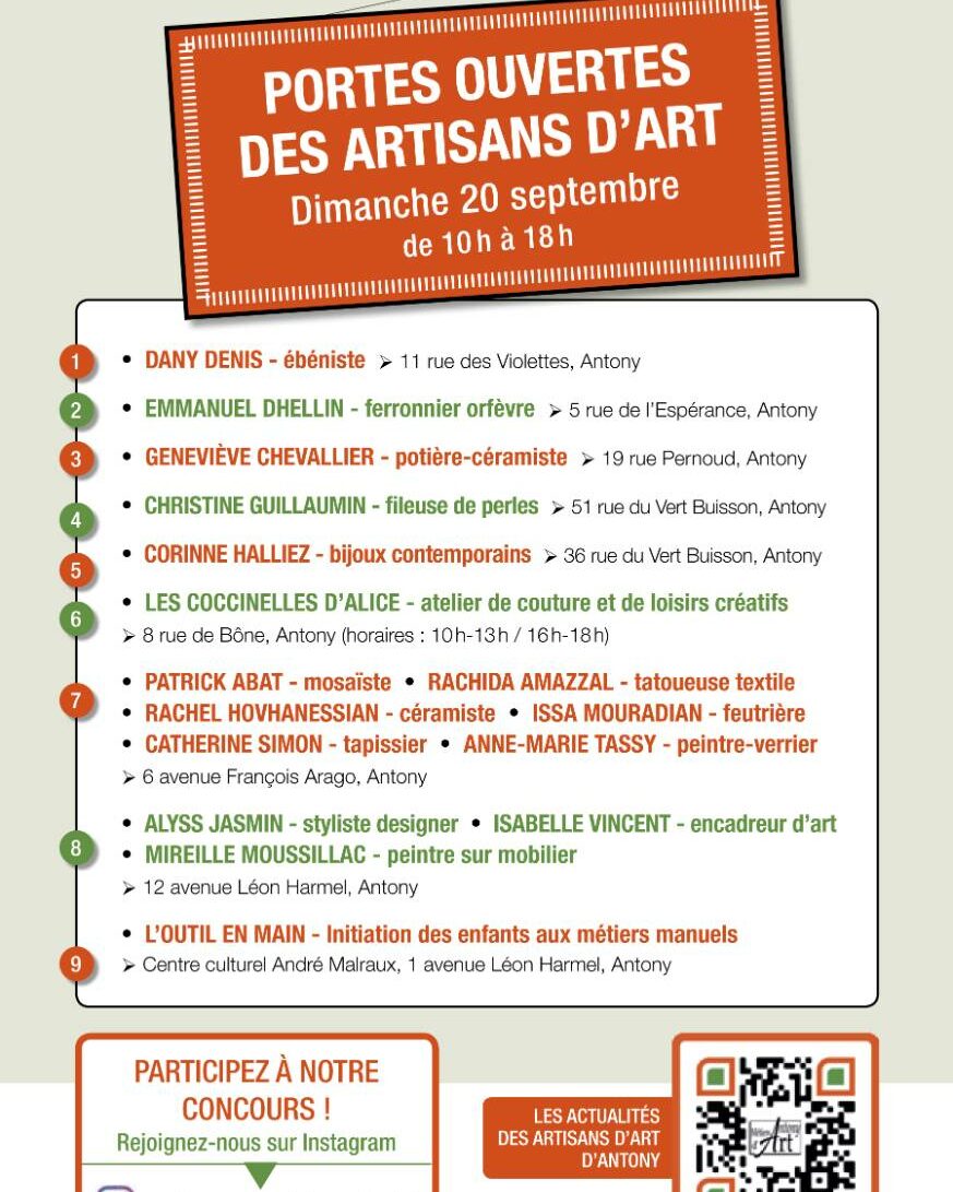 flyer réalisé par l'association Antony Métiers d'Art à l'occasion des Journée portes ouvertes de septembre 2020 Liste des artisans d'art
