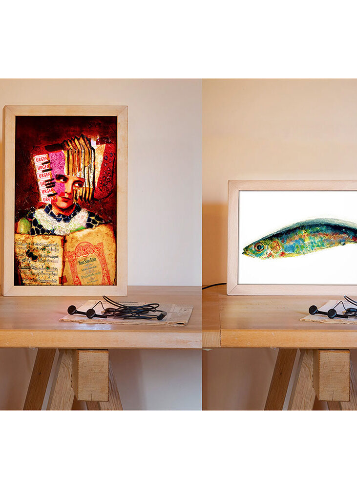 2 tableaux lumineux : la sardine et la dame accordéon réalisés par chrlotte massip