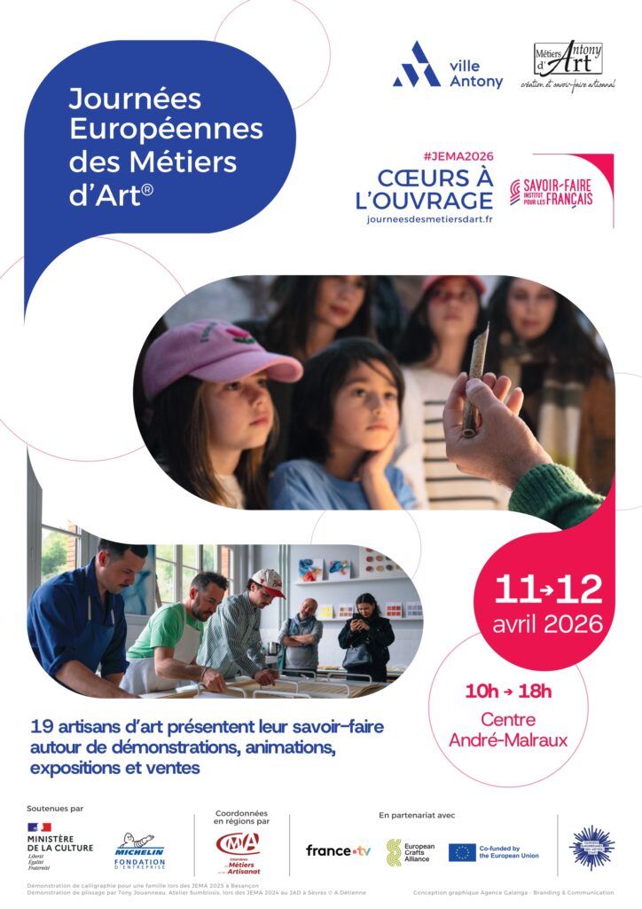 Affiche publicitaire des Jema 2026 à Antony les 11 et 12 avril au Centre André Malraux de 10h à 18h où 19 artisans d'art présentent leurs métiers autour de nombreuses animations