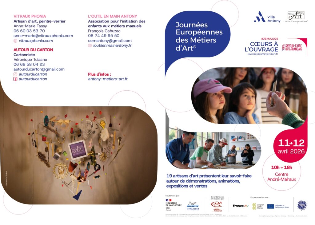 Dépliant publicitaire des Jema 2026 à Antony les 11 et 12 avril au Centre André Malraux de 10h à 18h où 19 artisans d'art présentent leurs métiers autour de nombreuses animations. Ce dépliant contient les coordonnées et adresses de chacun des 19 artisans d'art